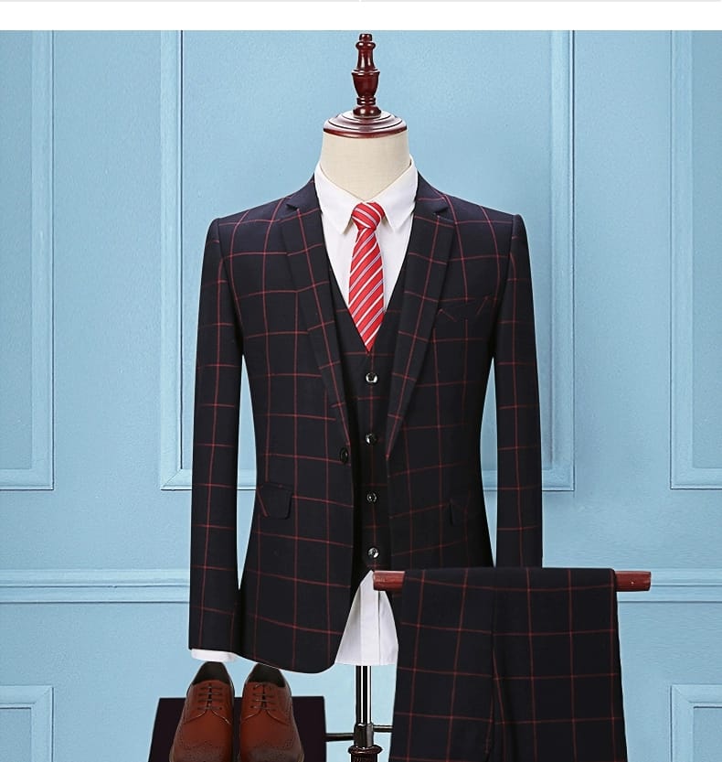 Plaid Black Red Line Suit Tailor Fit
